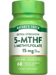 Nature’s Truth L-Methylfolate 15mg bottle with capsules, quick-release formula for everyday wellness.