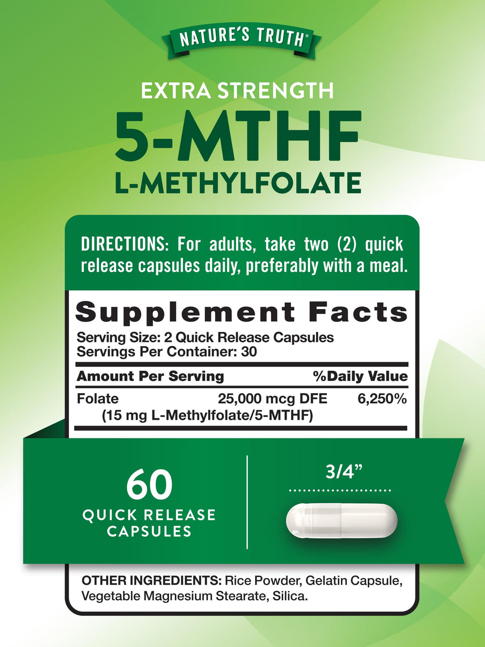 Nature’s Truth L-Methylfolate 15mg capsules close-up, easy-to-swallow supplement design.