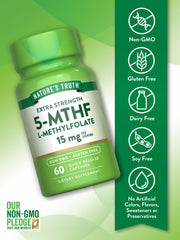 Nature’s Truth L-Methylfolate 15mg label close-up, clear ingredient details.