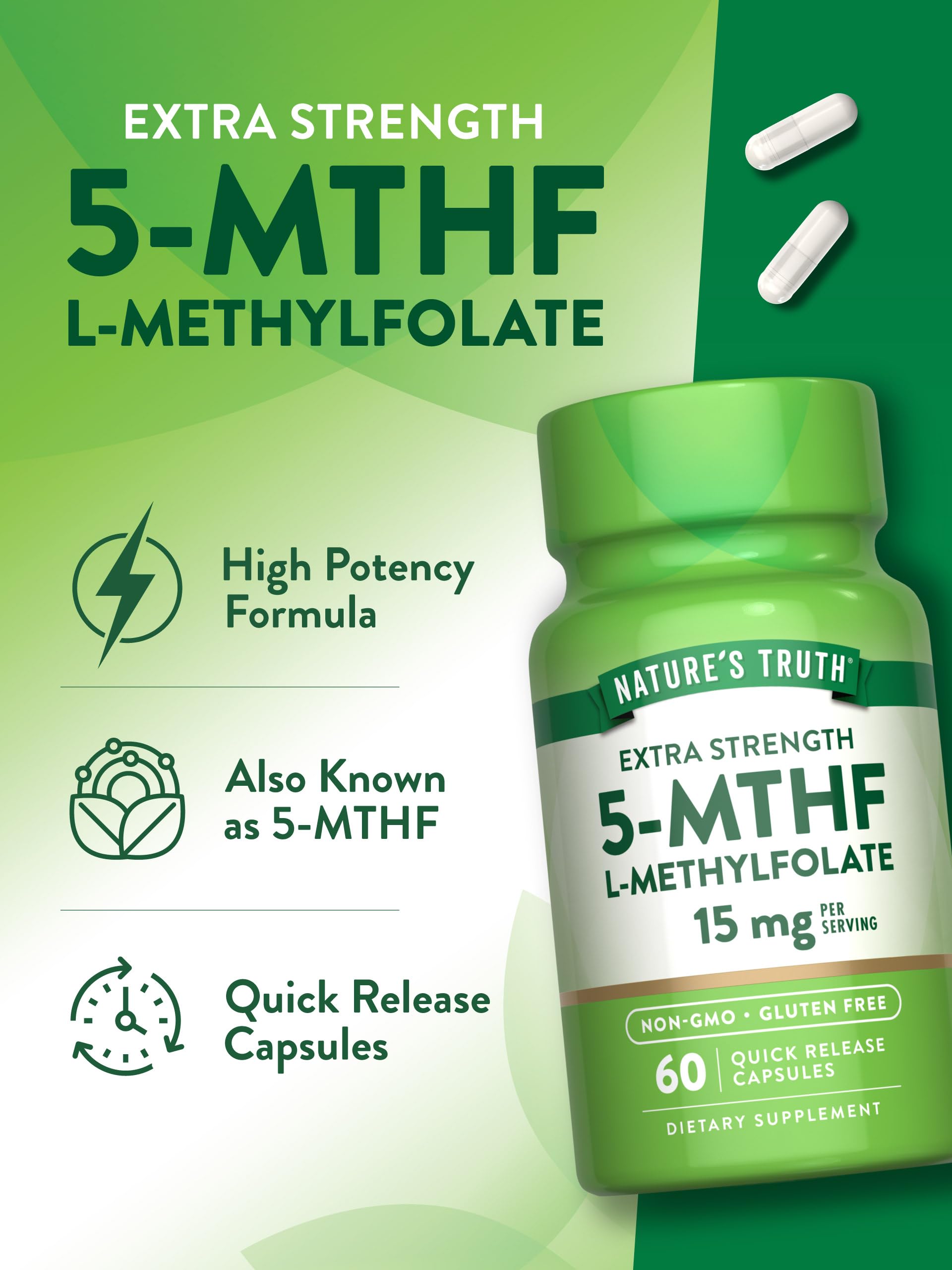 Nature’s Truth L-Methylfolate 15mg packaging back, supplement facts and transparent labeling.