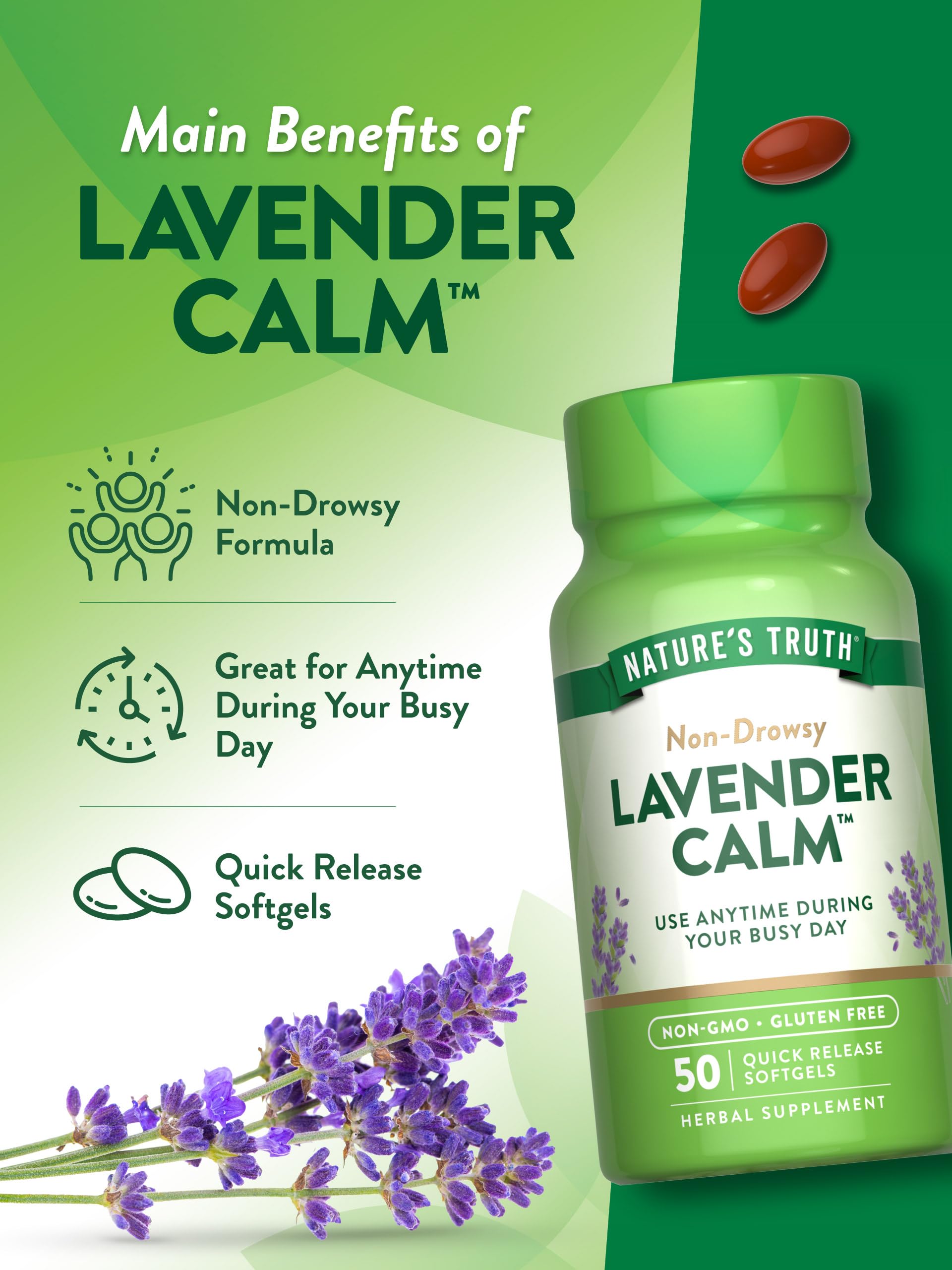 Nature's Truth Lavender Calm Softgels label close-up shows quality commitment