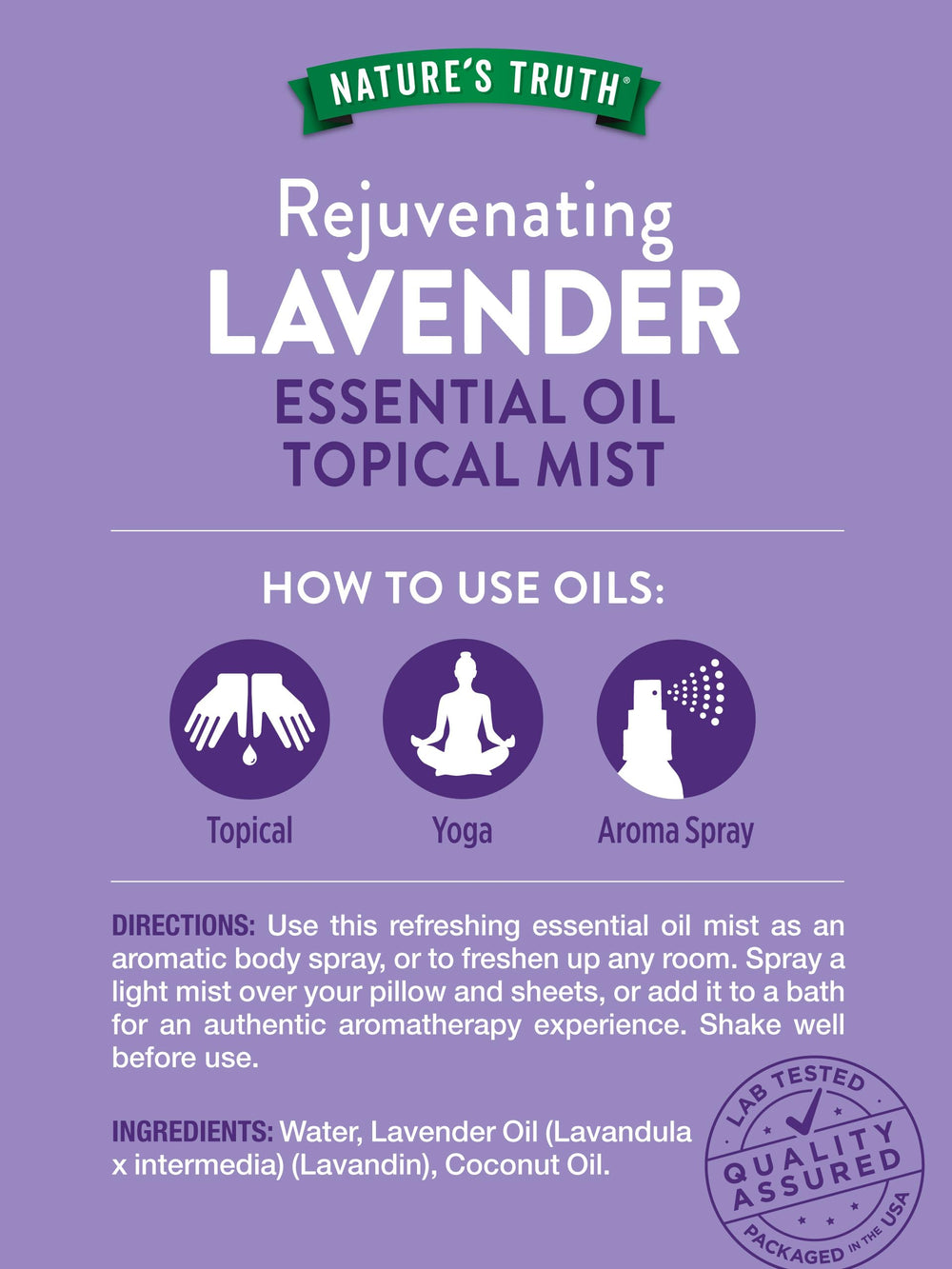 Nature's Truth Lavender Essential Oil Spray label close-up showing purity and quality.