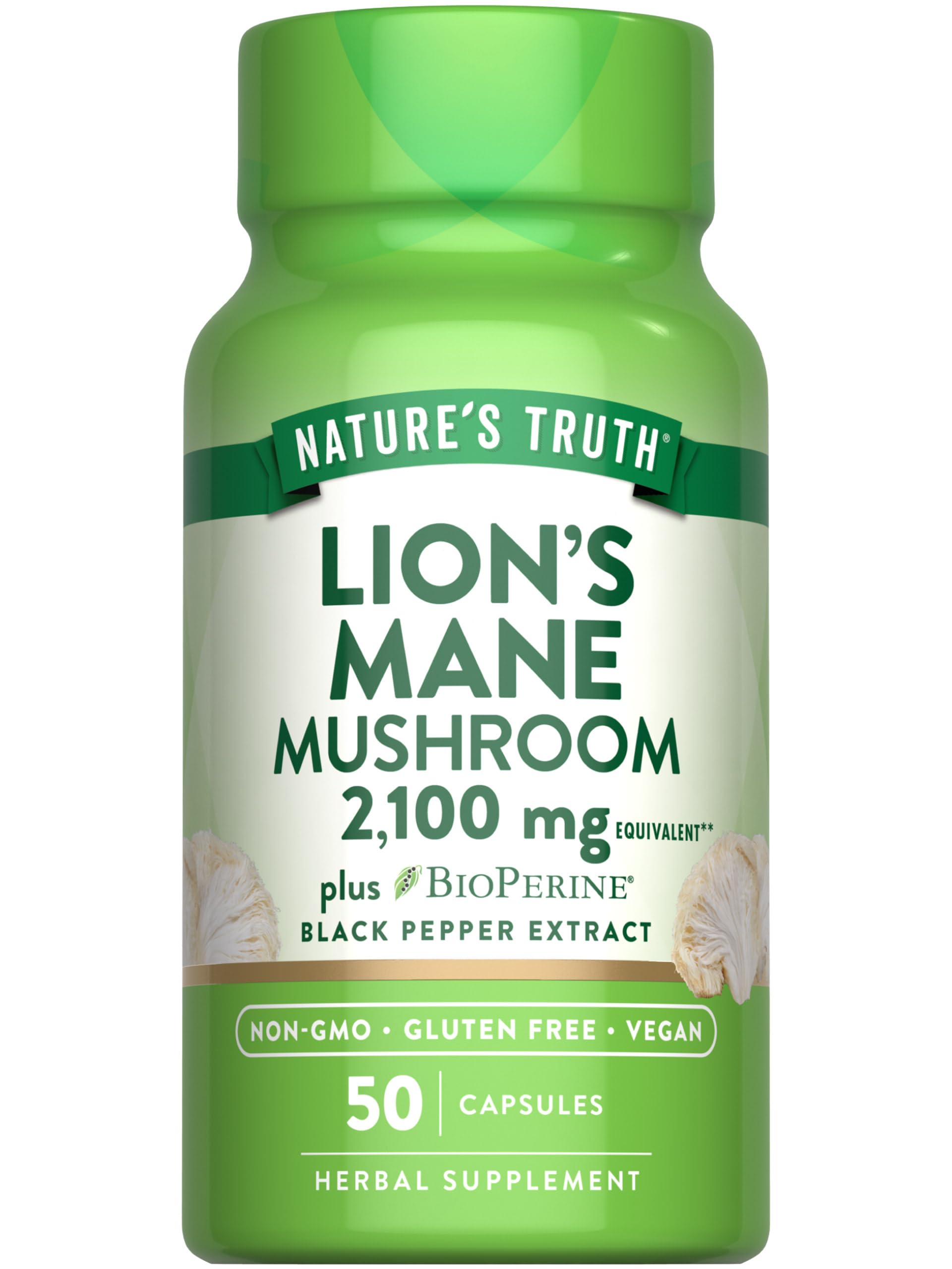 Nature's Truth Lions Mane capsules bottle showing 2100 mg potency for daily wellness