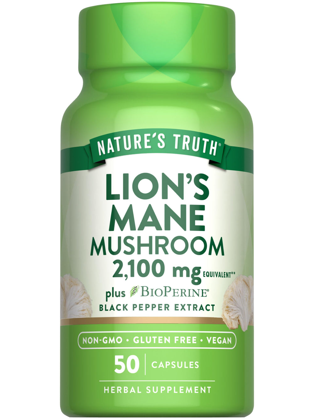 Nature's Truth Lions Mane capsules bottle showing 2100 mg potency for daily wellness