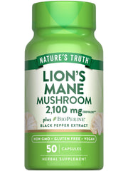 Nature's Truth Lions Mane capsules bottle showing 2100 mg potency for daily wellness