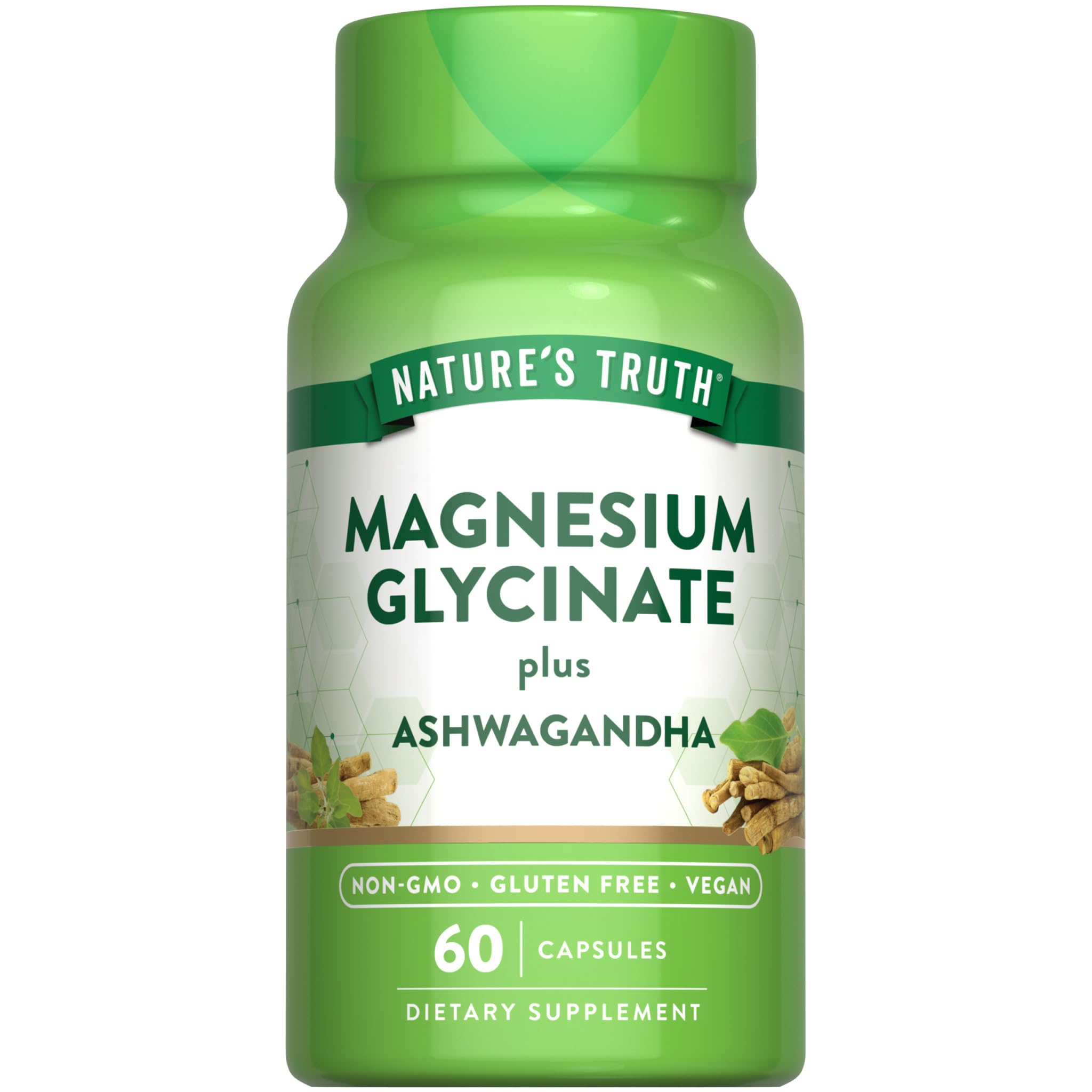 Nature's Truth magnesio glicinato con ashwagandha, cápsulas en botella para uso diario.