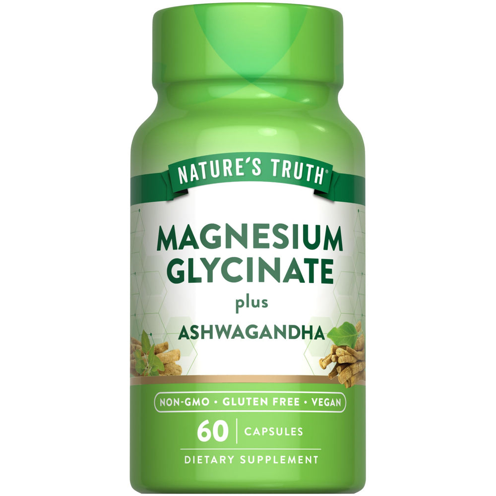 Nature's Truth magnesio glicinato con ashwagandha, cápsulas en botella para uso diario.