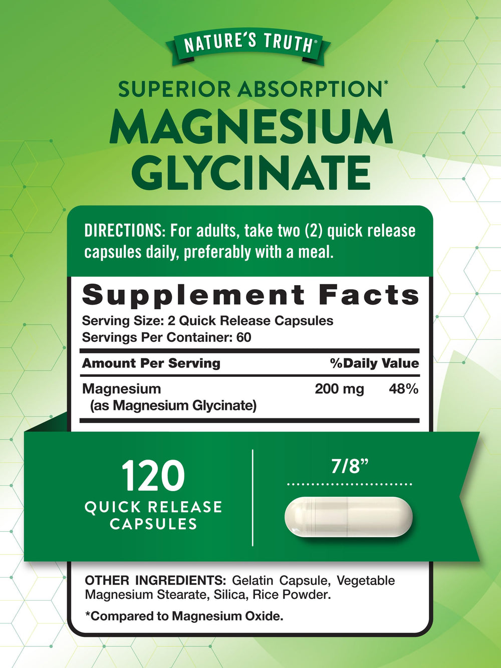 Nature's Truth Magnesium Glycinate 200mg bottle side label with product details