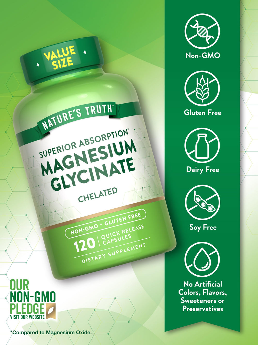 Closeup of Nature's Truth magnesium glycinate capsules for easy swallowing