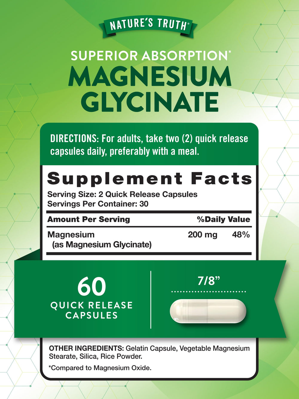 Close-up of smooth quick-release capsules from Nature's Truth magnesium glycinate