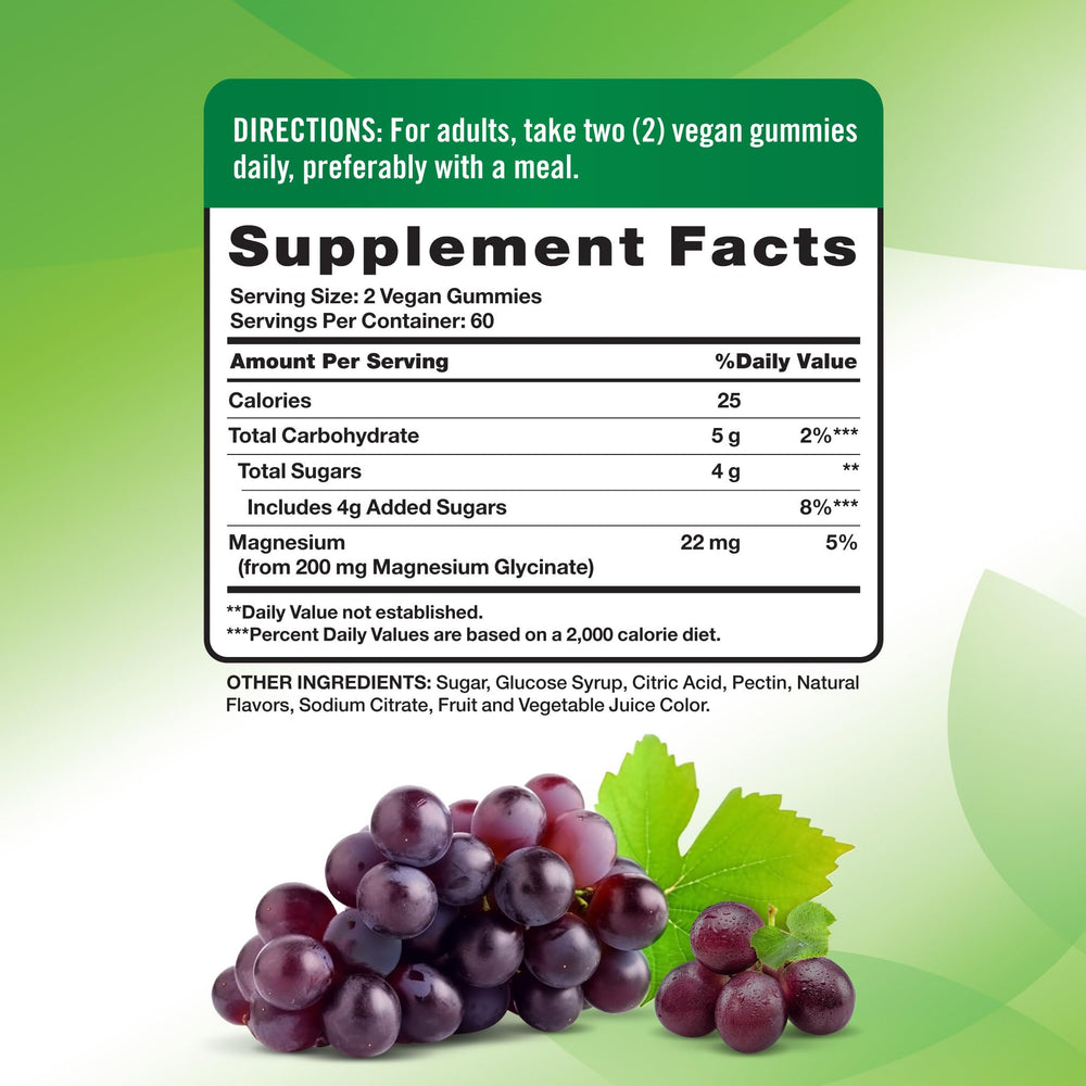 Close-up of grape-flavored gummies highlighting vegan, gluten-free, non-GMO formula.
