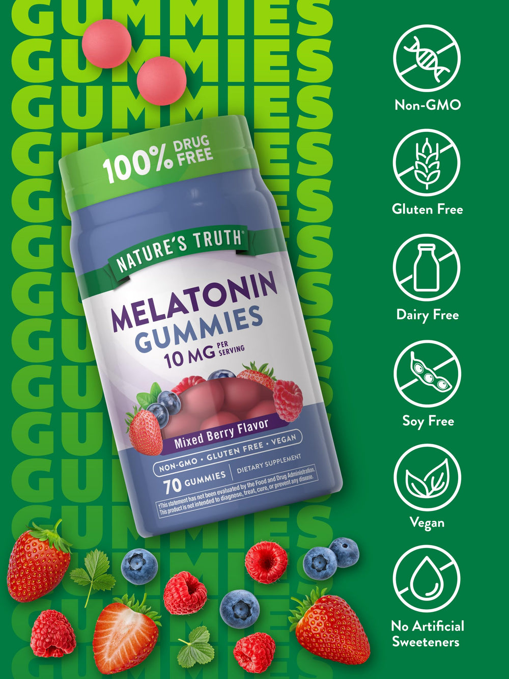 Nature's Truth melatonin 10mg gummies closeup highlights berry flavor and texture.