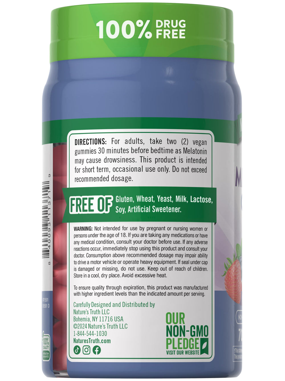 Nature's Truth melatonin gummies on morning light with non-GMO assurance.