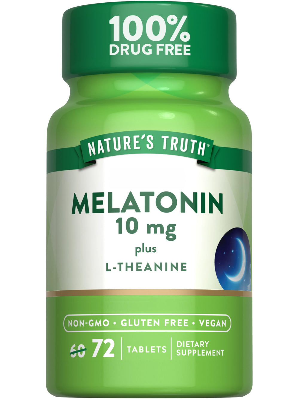 Nature's Truth Melatonin 10 mg + L-Theanine bottle front for night-time sleep support.