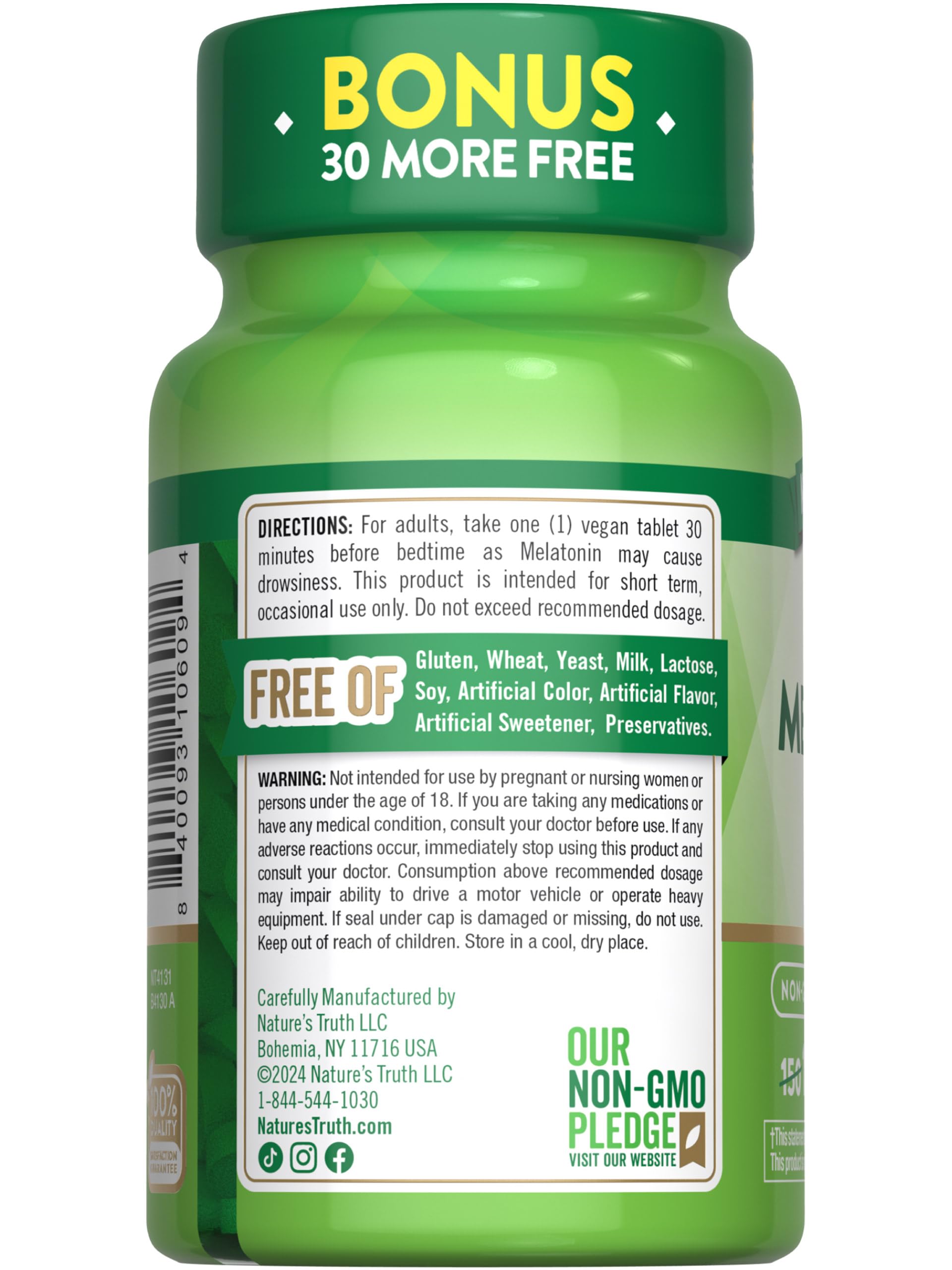 Nature's Truth Melatonin 1 mg packaging badge for vegan and gluten-free