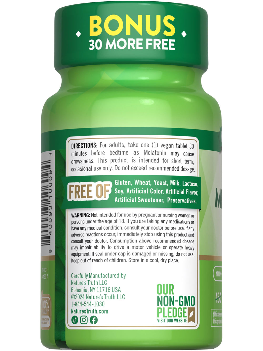 Nature's Truth Melatonin 1 mg packaging badge for vegan and gluten-free