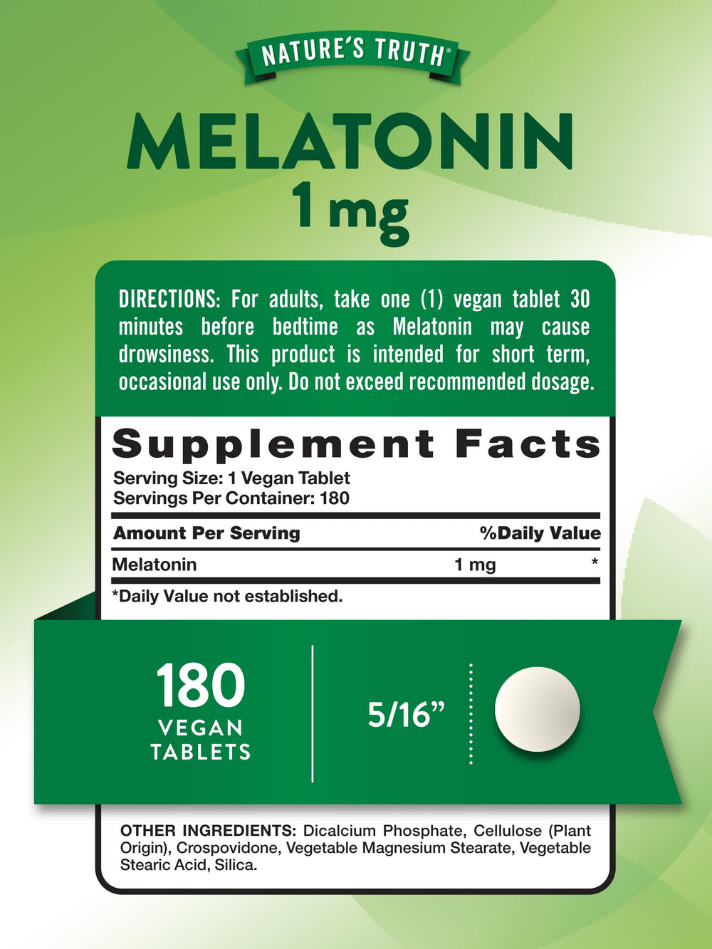 Nature's Truth Melatonin 1 mg tablet back view with dosage information