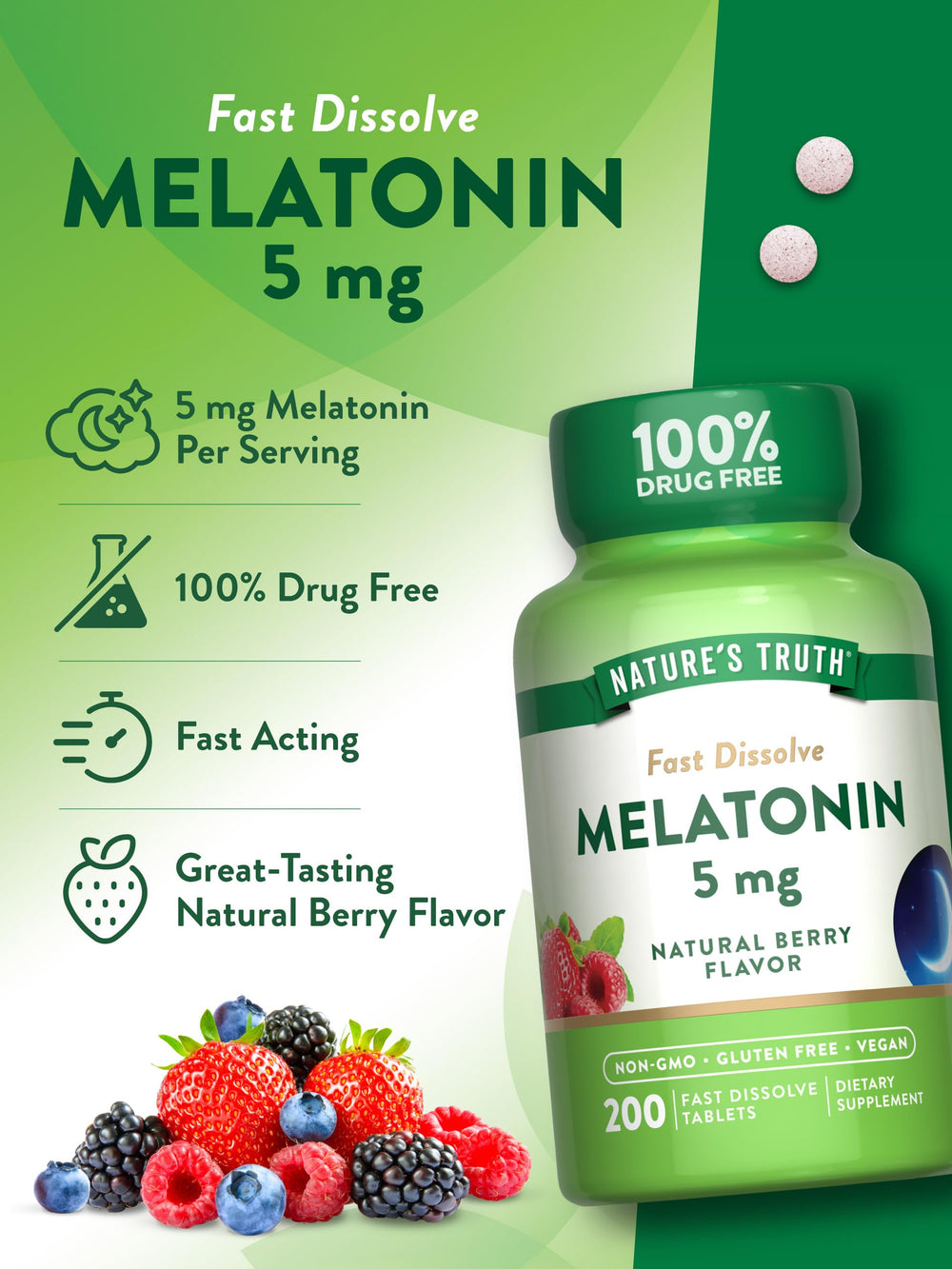 Front of 200-count bottle highlighting value and convenience for nightly use.