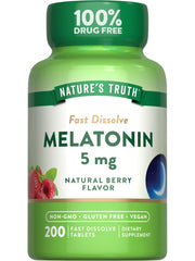 Nature's Truth Melatonin 5mg fast-dissolve bottle on nightstand supporting a calm bedtime routine.