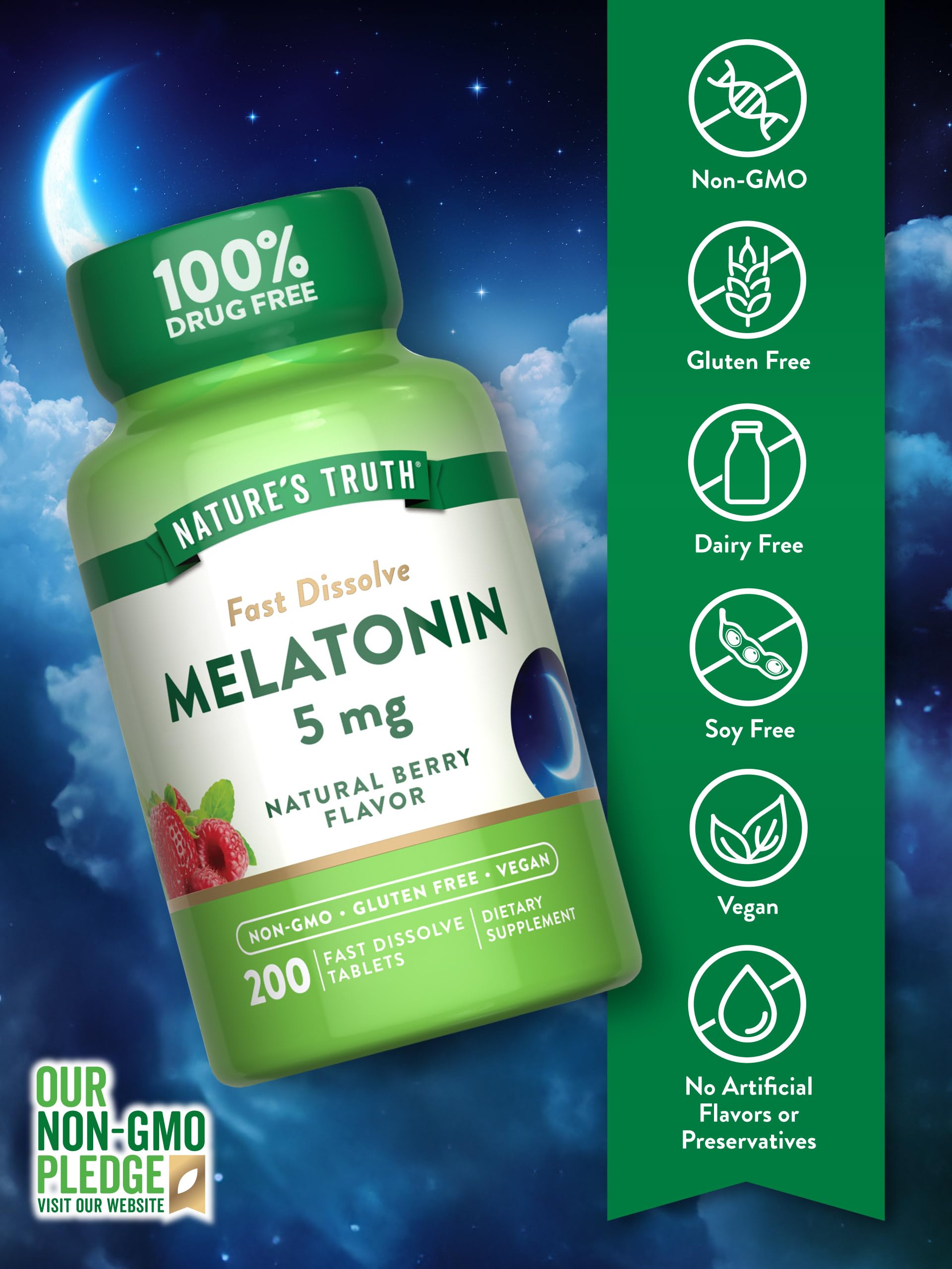 Vegan, non-GMO melatonin with gluten-free, no artificial flavors.