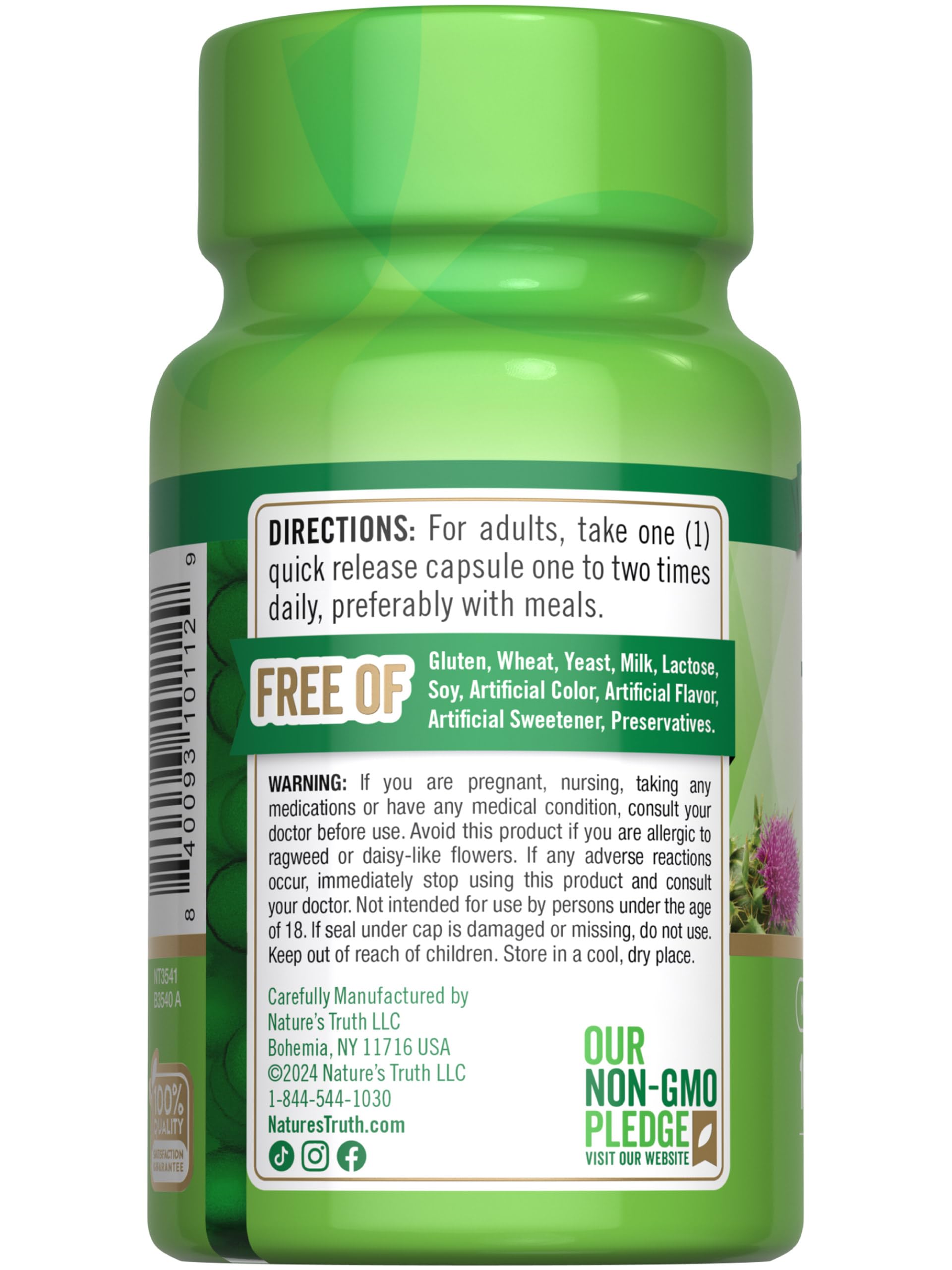 Nature's Truth Milk Thistle 1000mg non-GMO seal—supports non-GMO supplementation choices.
