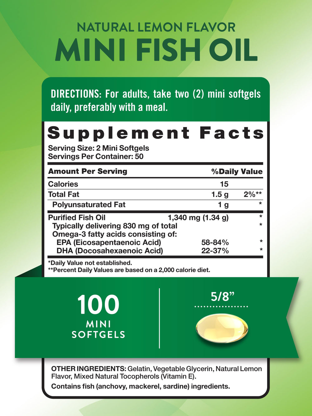 Nature's Truth mini fish oil softgels close-up shows lemon flavor.