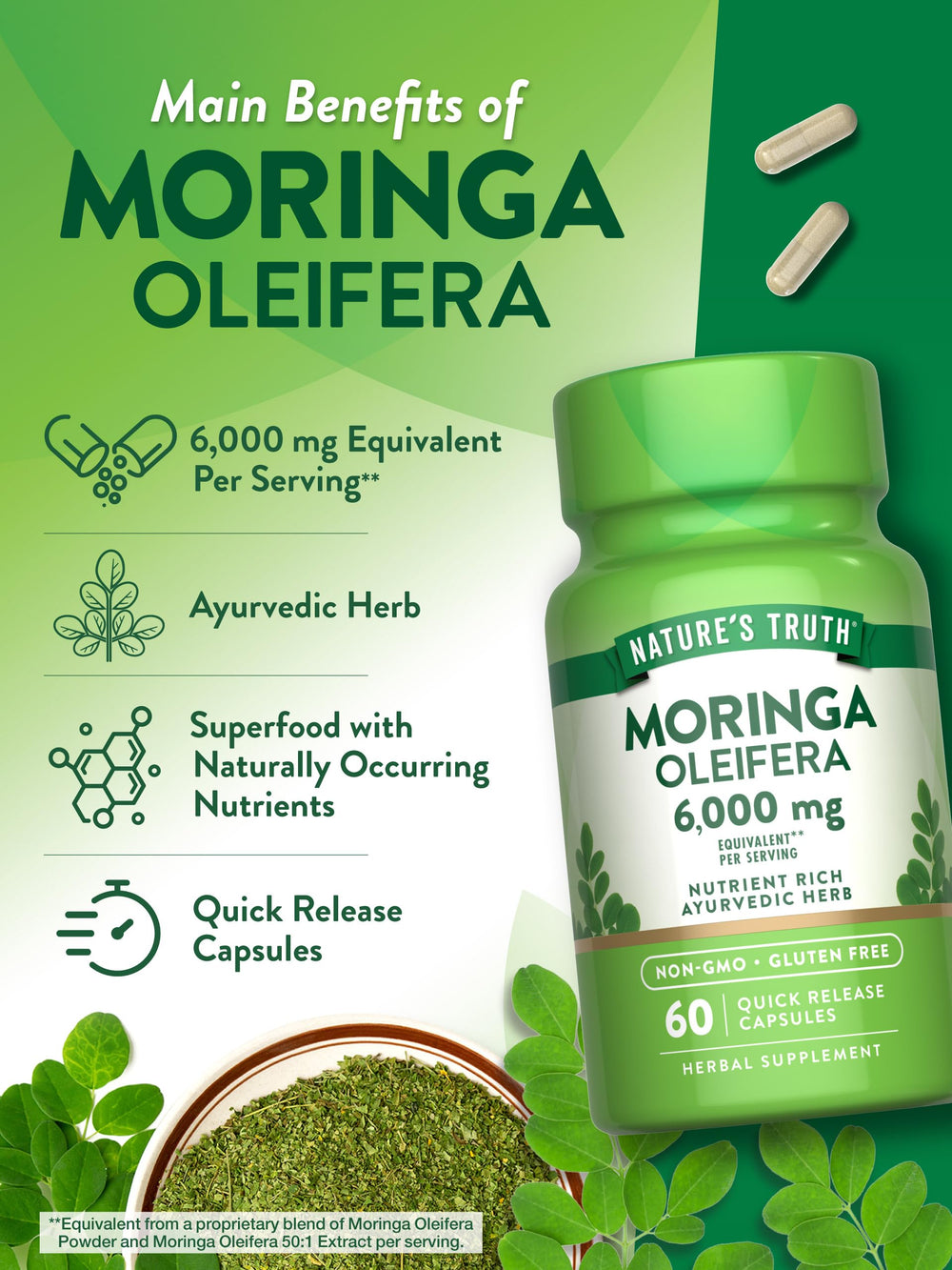 Nature's Truth Moringa packaging side view emphasizes gluten-free and non-GMO formula.