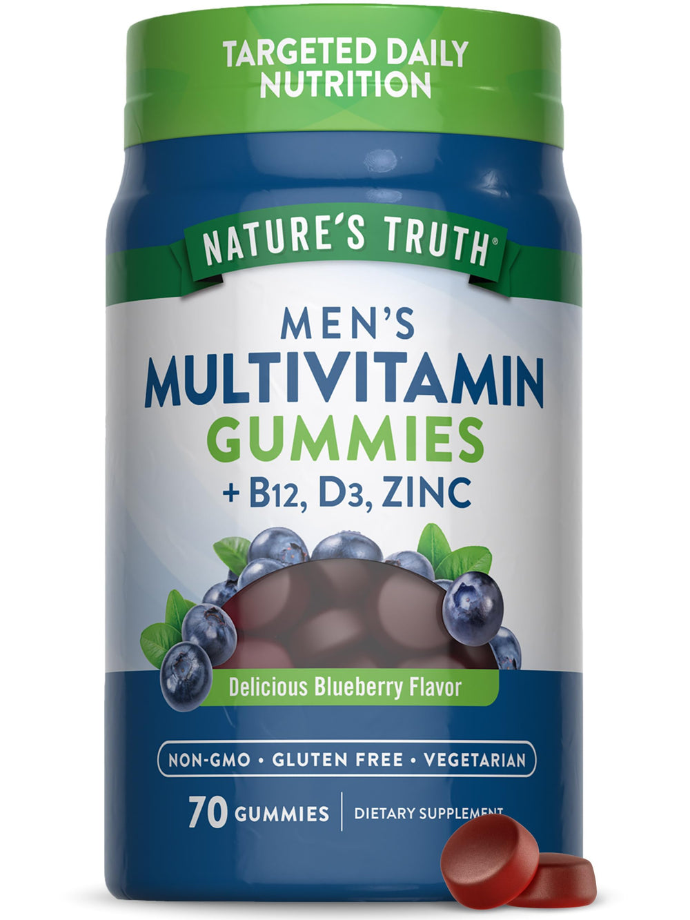 Nature's Truth multivitamin for men gummies bottle front highlights blueberry flavor for daily support