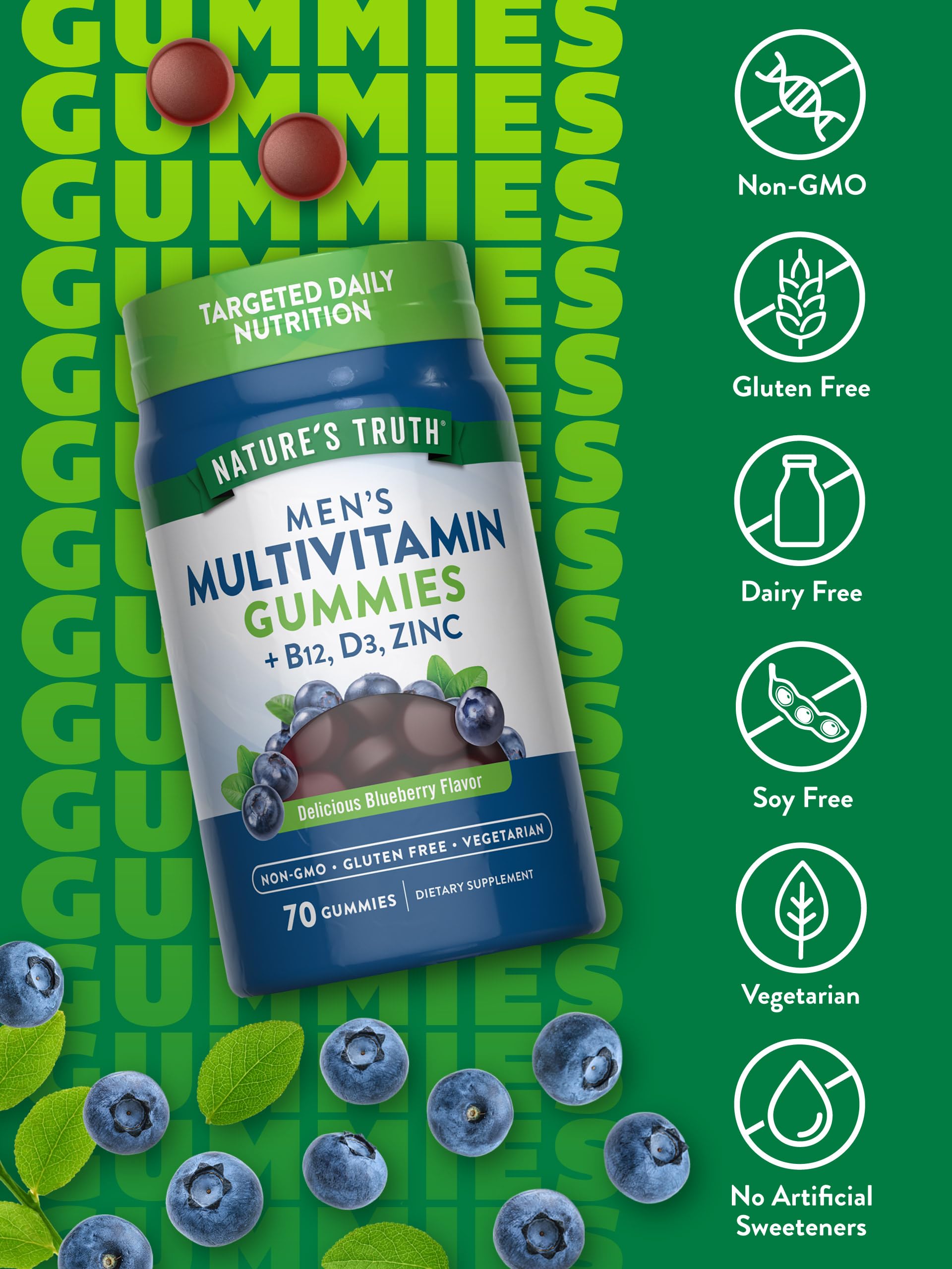 Nature's Truth gummies close-up emphasizes blueberry flavor and vegetarian formula for easy daily use