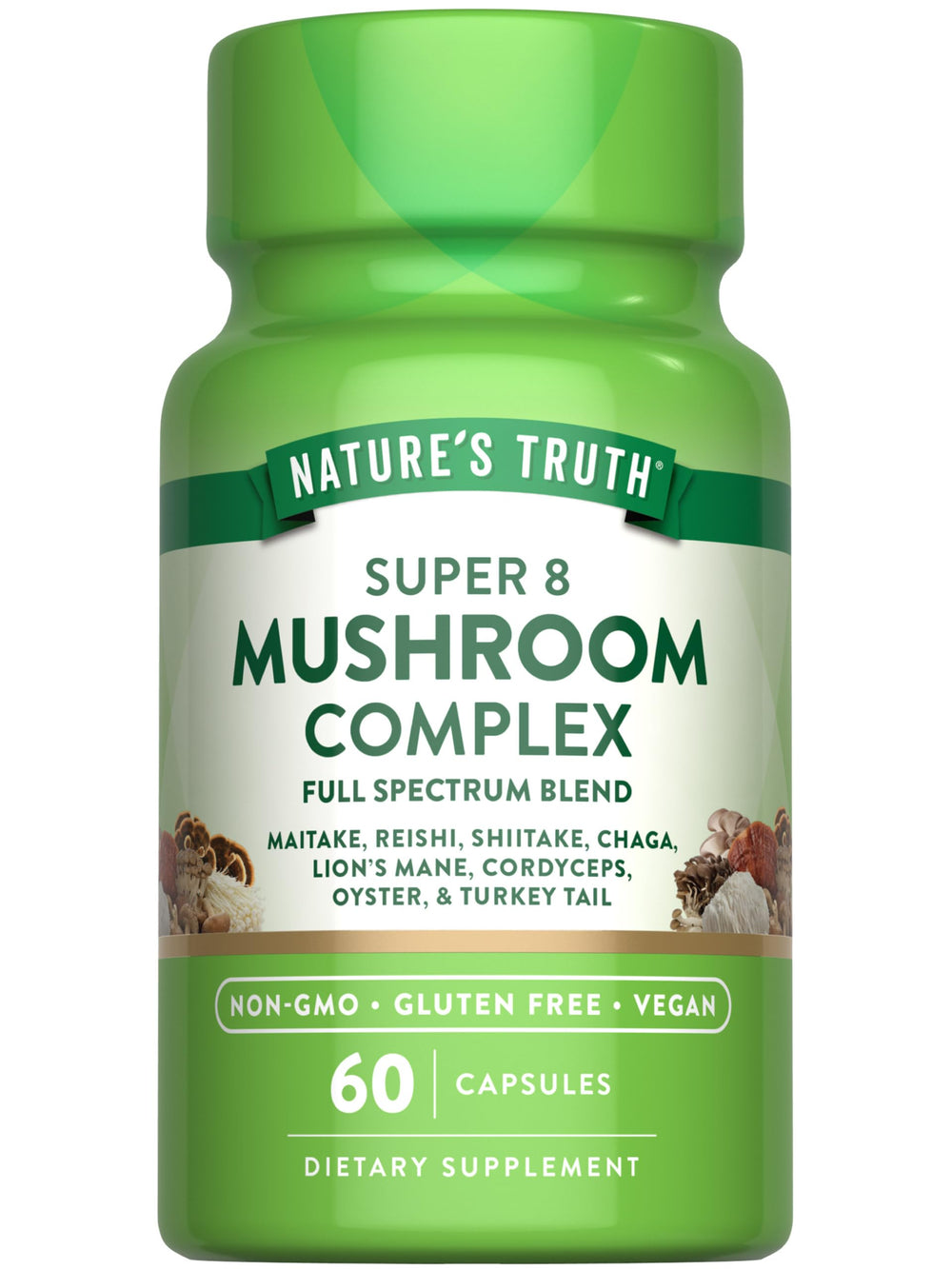 Nature's Truth Mushroom Complex capsules bottle close-up highlighting full-spectrum blend for daily wellness.