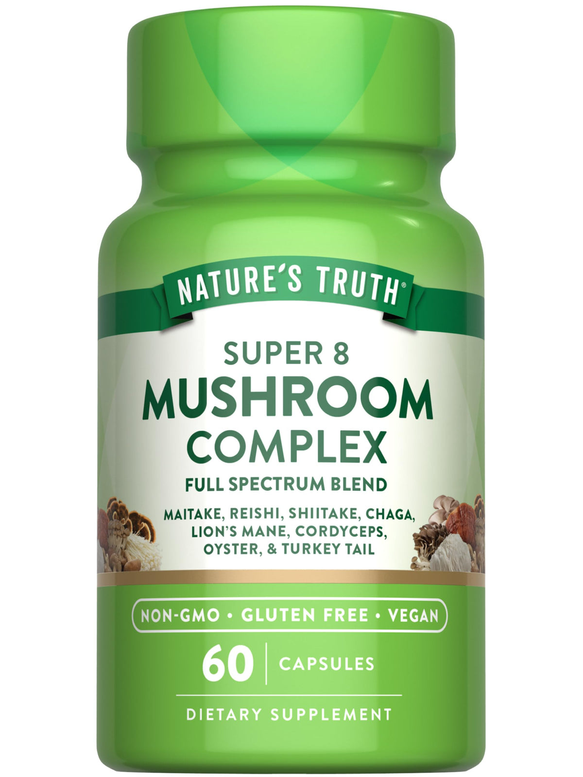 Nature's Truth Mushroom Complex capsules bottle close-up highlighting full-spectrum blend for daily wellness.