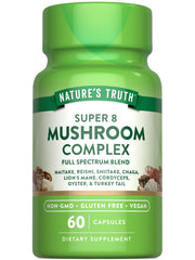 Nature's Truth Mushroom Complex capsules bottle close-up highlighting full-spectrum blend for daily wellness.