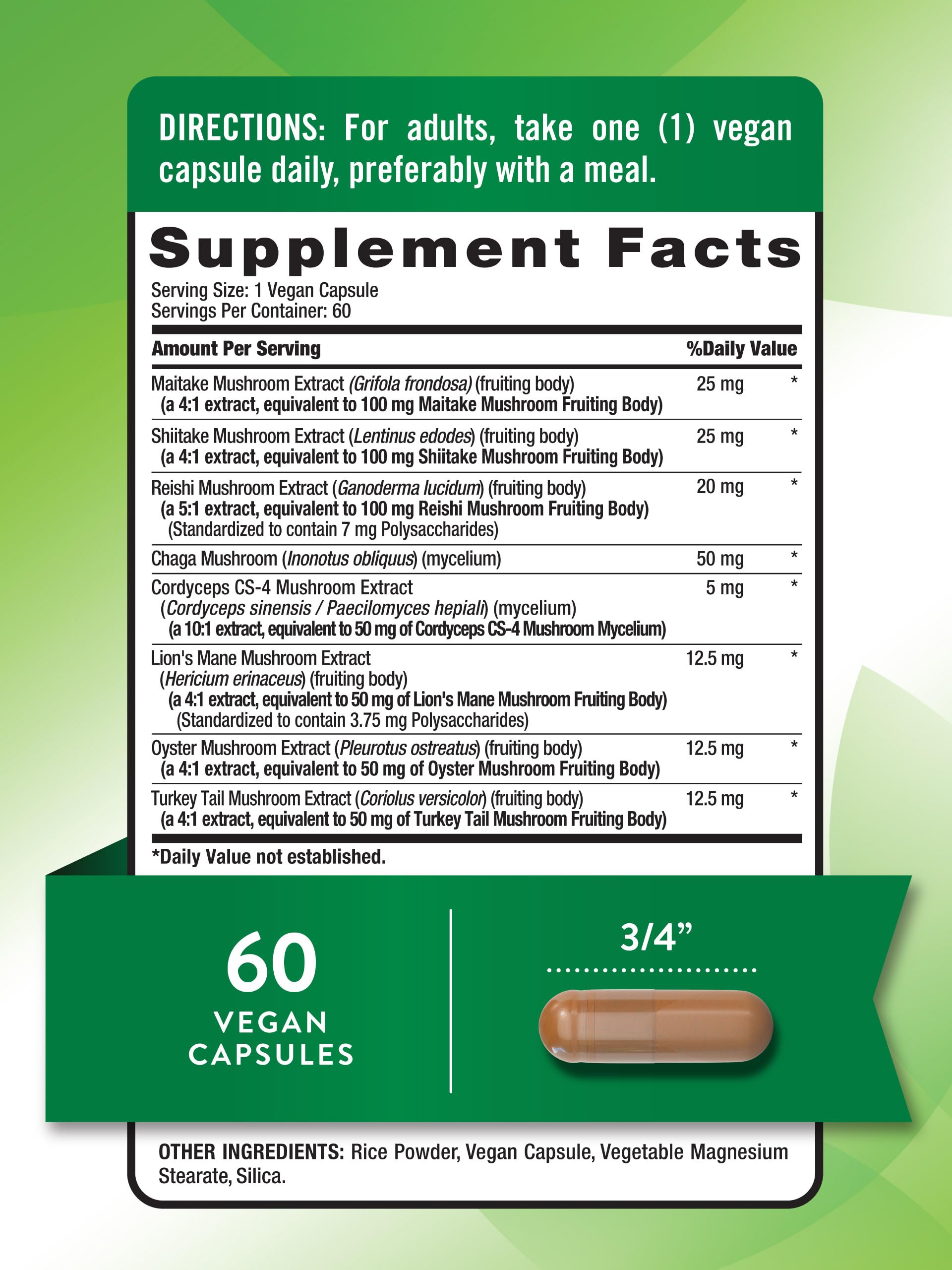Nature's Truth packaging showcases vegan, non-GMO mushroom blend for balanced daily support.