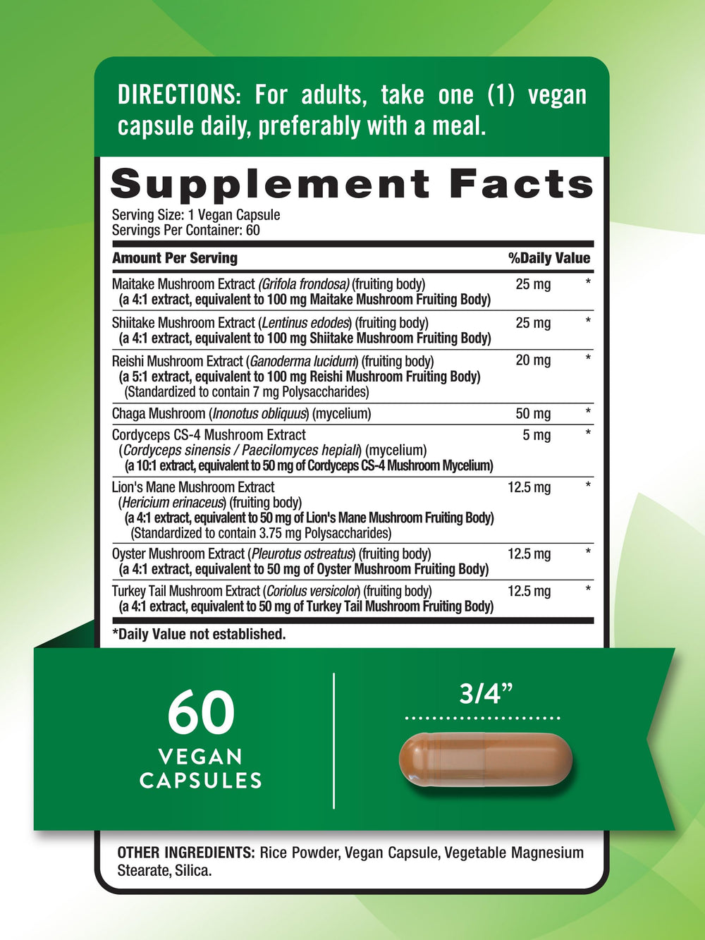 Nature's Truth packaging showcases vegan, non-GMO mushroom blend for balanced daily support.