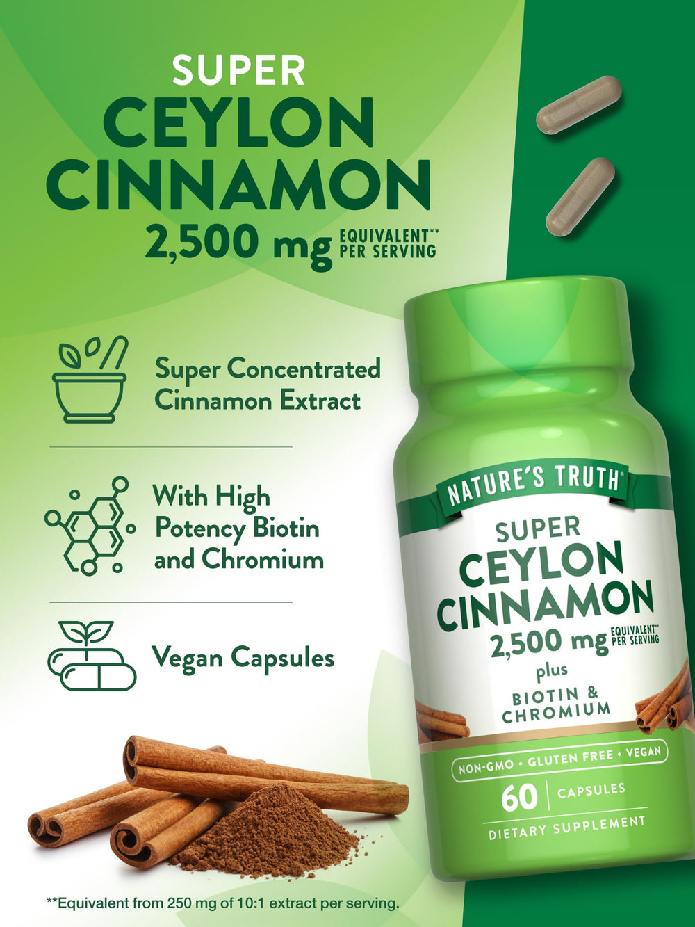 Nature's Truth non-GMO cinnamon capsules highlighting clean supplement.