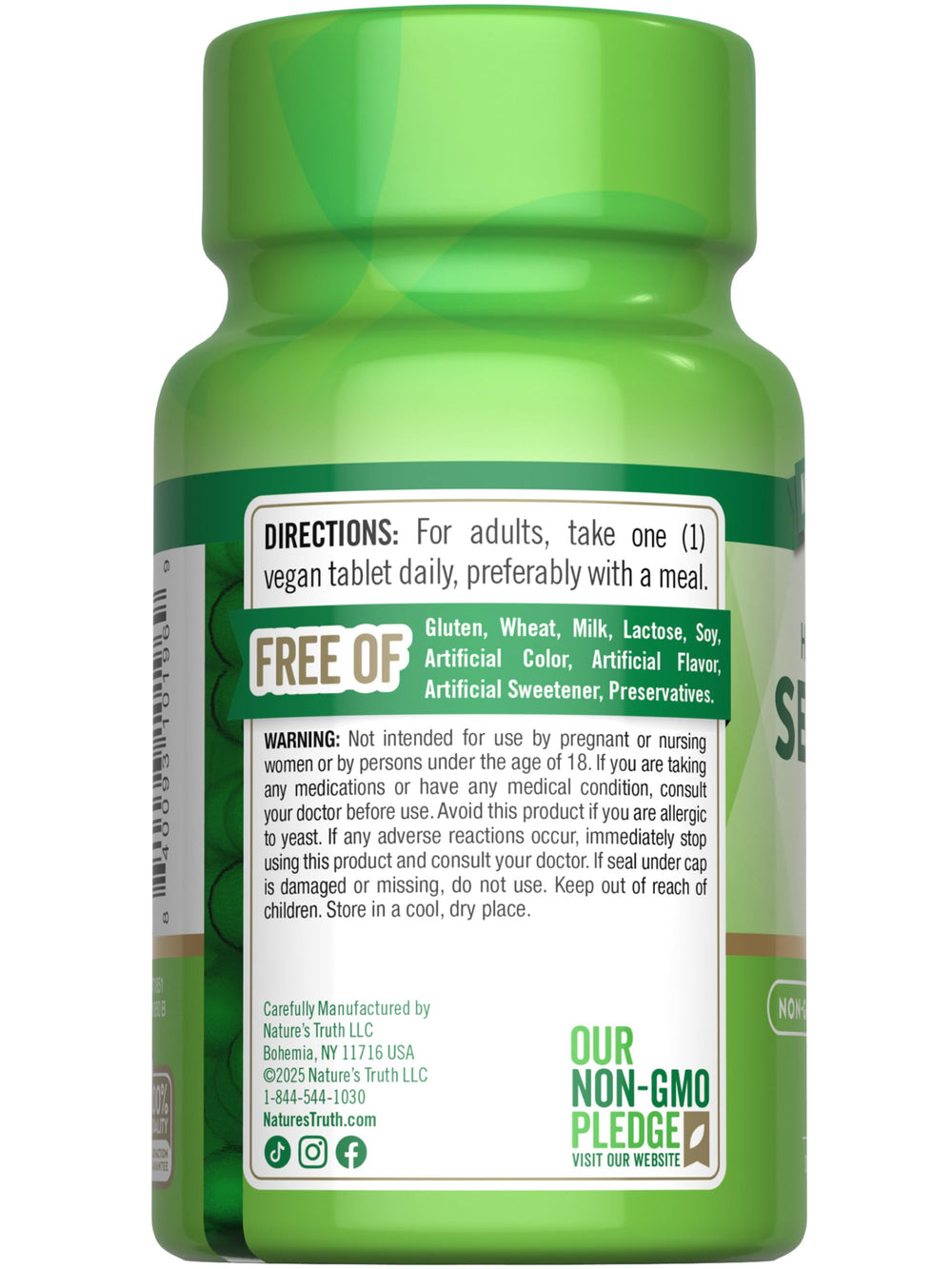 Nature's Truth non-GMO selenium supplement packaging highlights ingredient transparency.