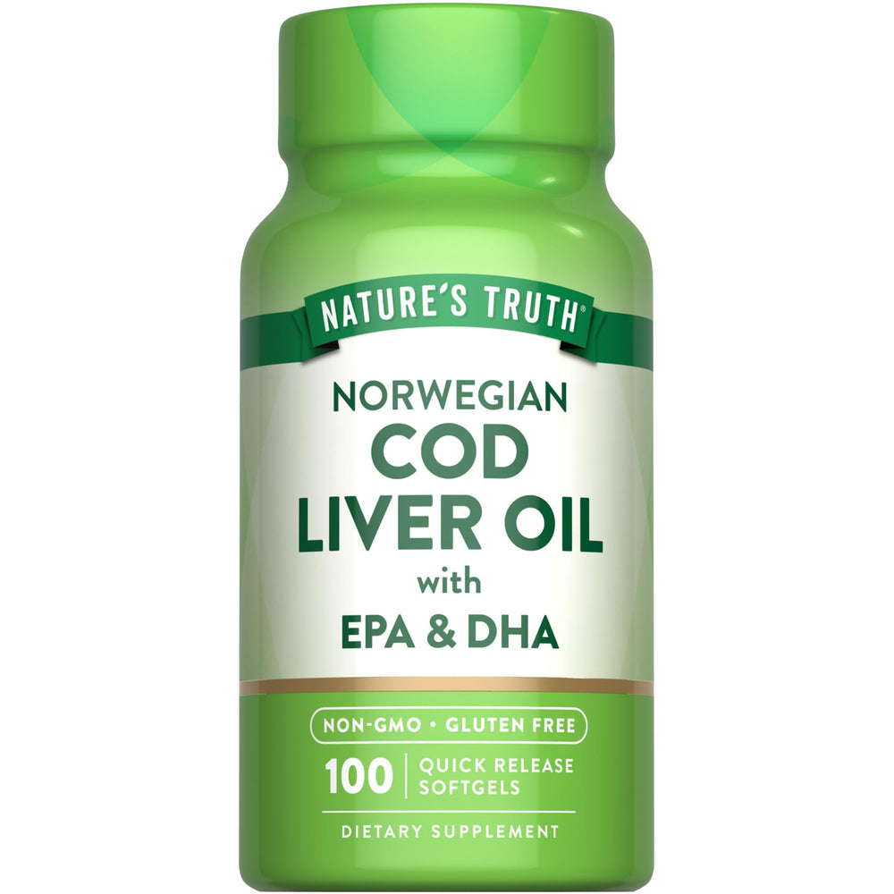 Nature's Truth Norwegian Cod Liver Oil bottle front showing EPA and DHA.