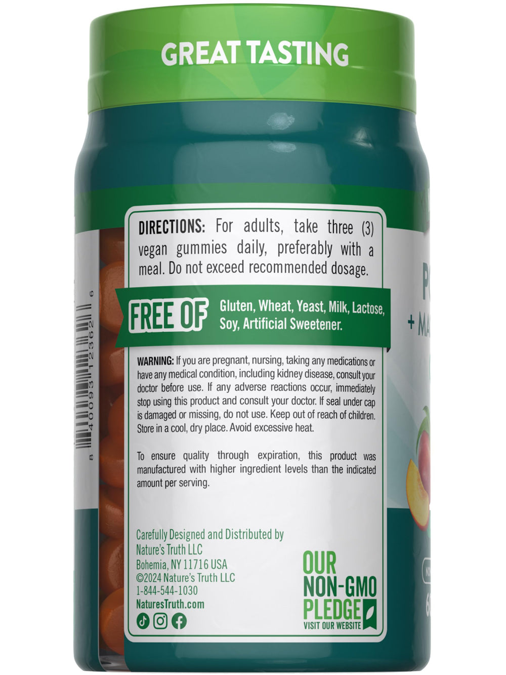 Nature's Truth nutrition label highlights vegan, non-GMO, and gluten-free status.