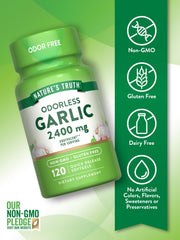 Close-up of Nature's Truth Odorless Garlic 2400mg bottle label highlighting clean formula
