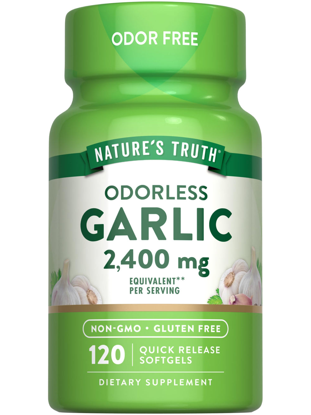 Nature's Truth Odorless Garlic 2400mg softgels front view for daily odor-free routine