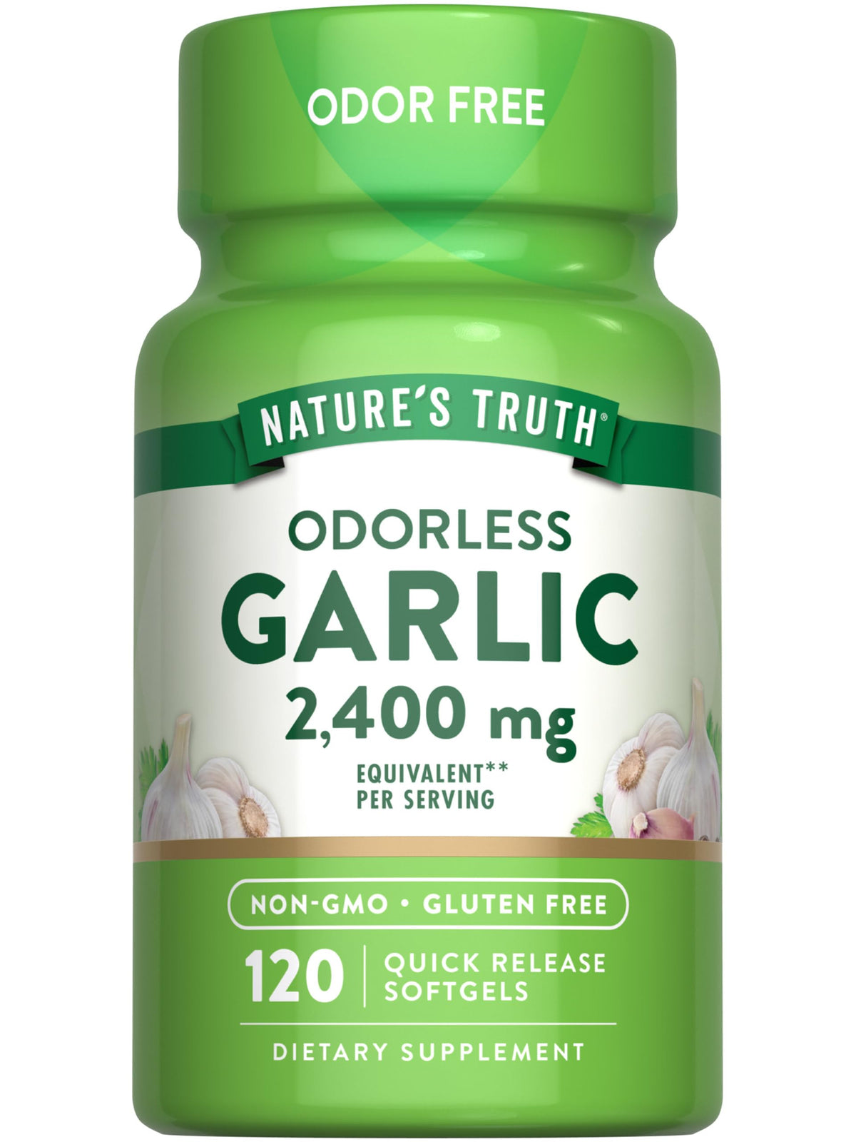 Nature's Truth Odorless Garlic 2400mg softgels front view for daily odor-free routine