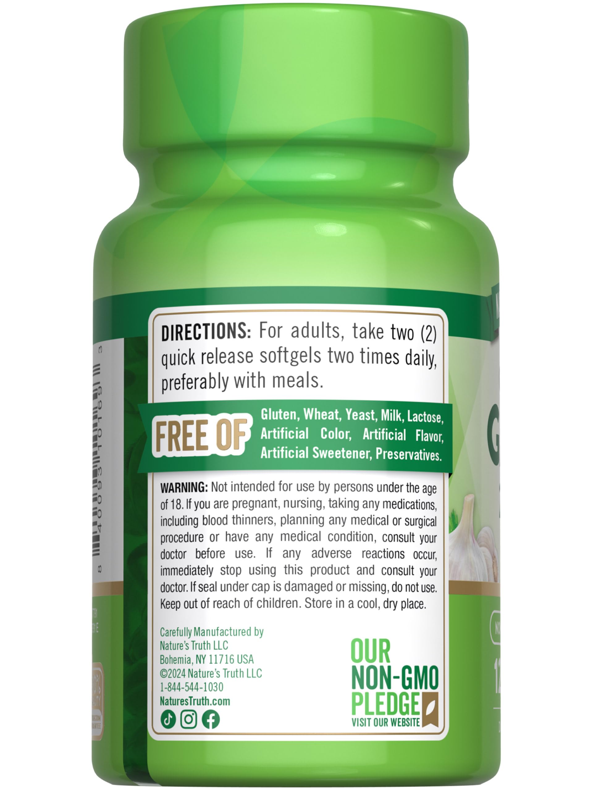 Side view of Nature's Truth Odorless Garlic bottle for easy daily supplementation