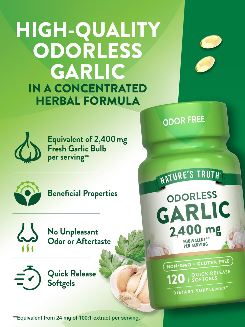 Ingredients panel of Nature's Truth Odorless Garlic demonstrates a simple, additive-free formulation
