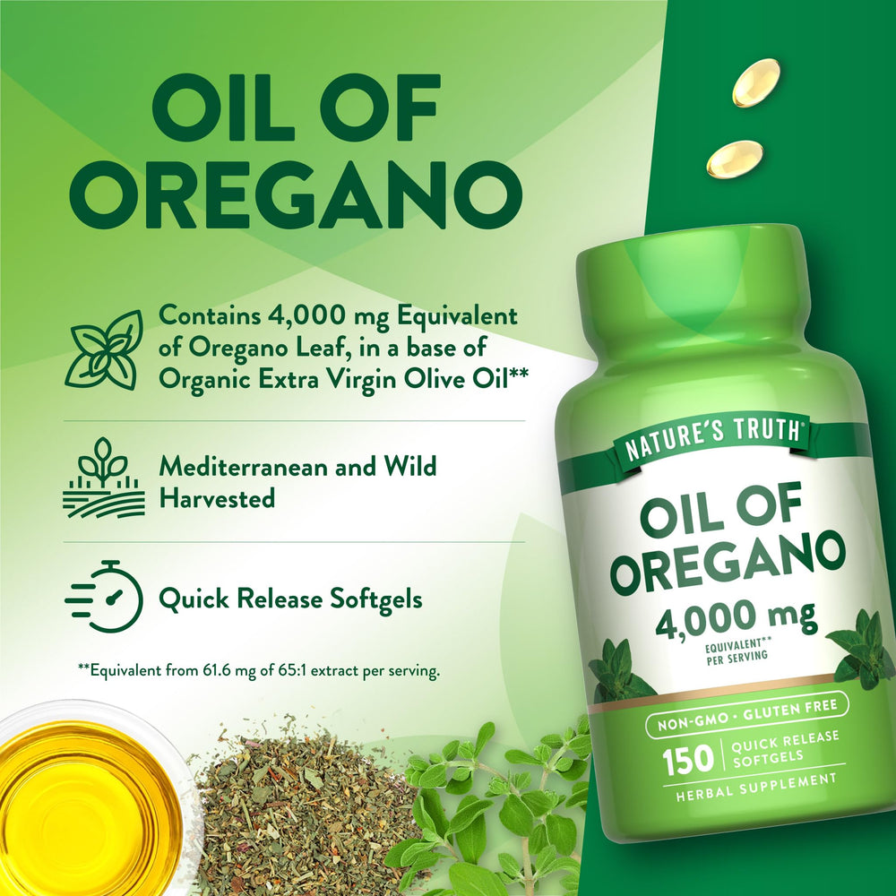 Nature's Truth Oil of Oregano softgels ingredients panel featuring oregano leaf extract.