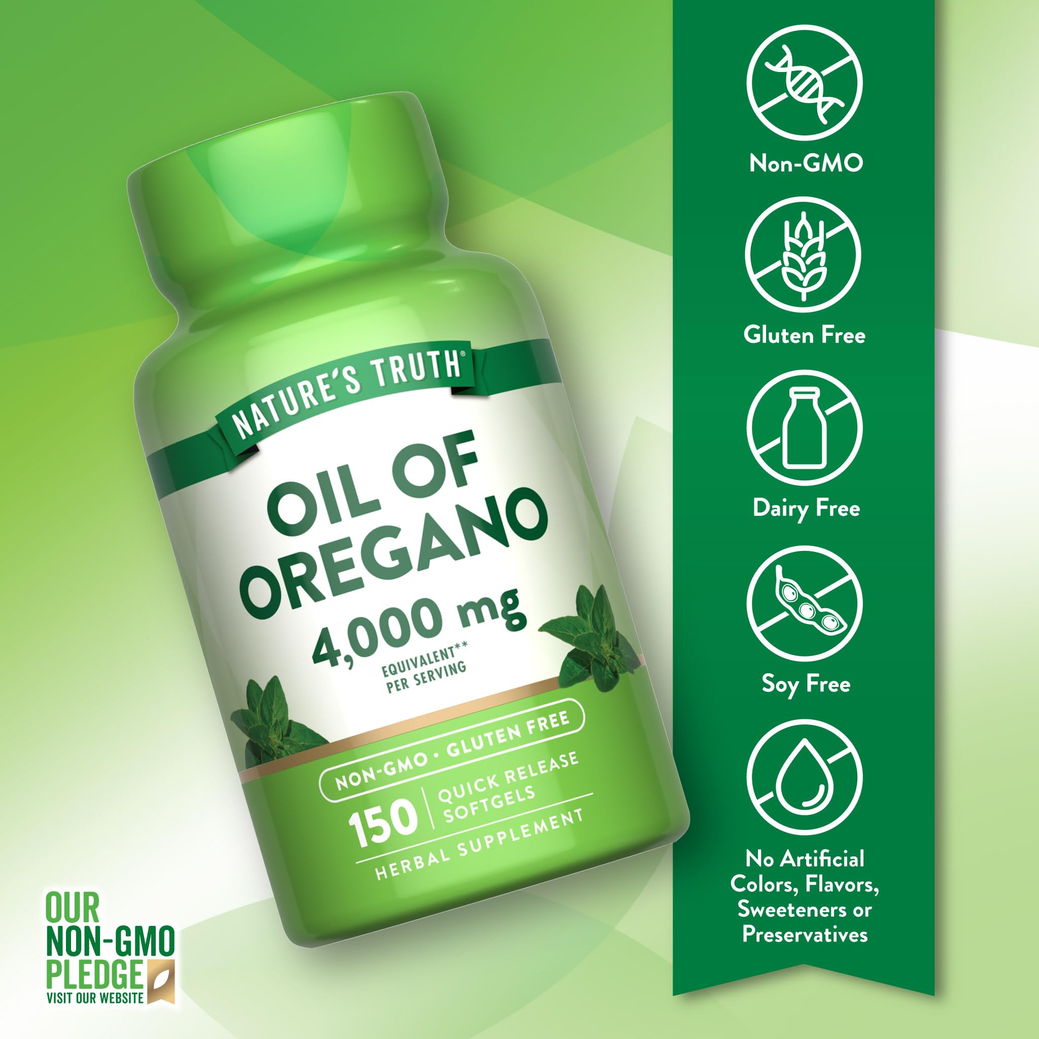 Nature's Truth Oil of Oregano softgels label close-up highlighting carvacrol and oregano leaf.