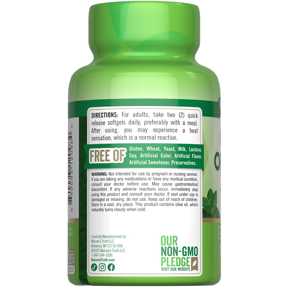 Nature's Truth Oil of Oregano softgels bottle view with olive oil carrier illustration.