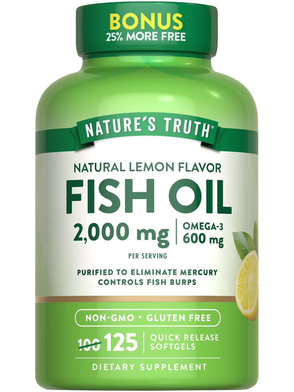 Nature's Truth Omega-3 fish oil bottle on shelf for an easy daily routine.