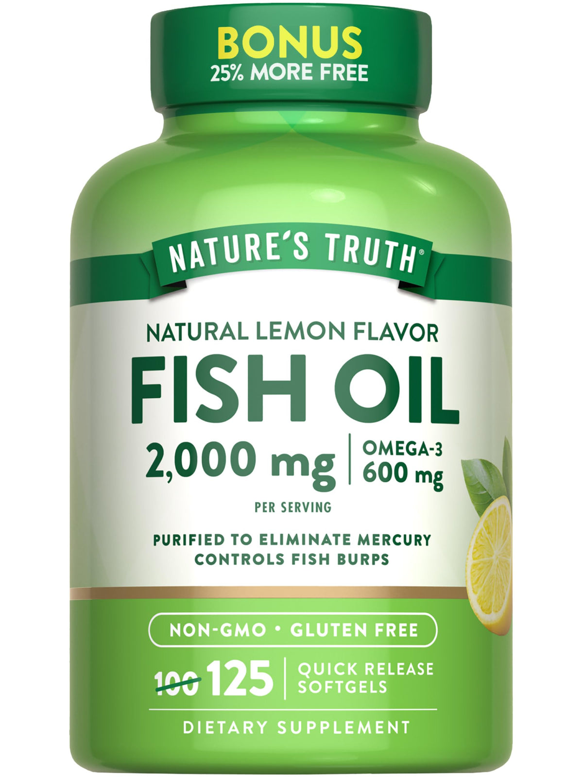 Nature's Truth Omega-3 fish oil bottle on shelf for an easy daily routine.
