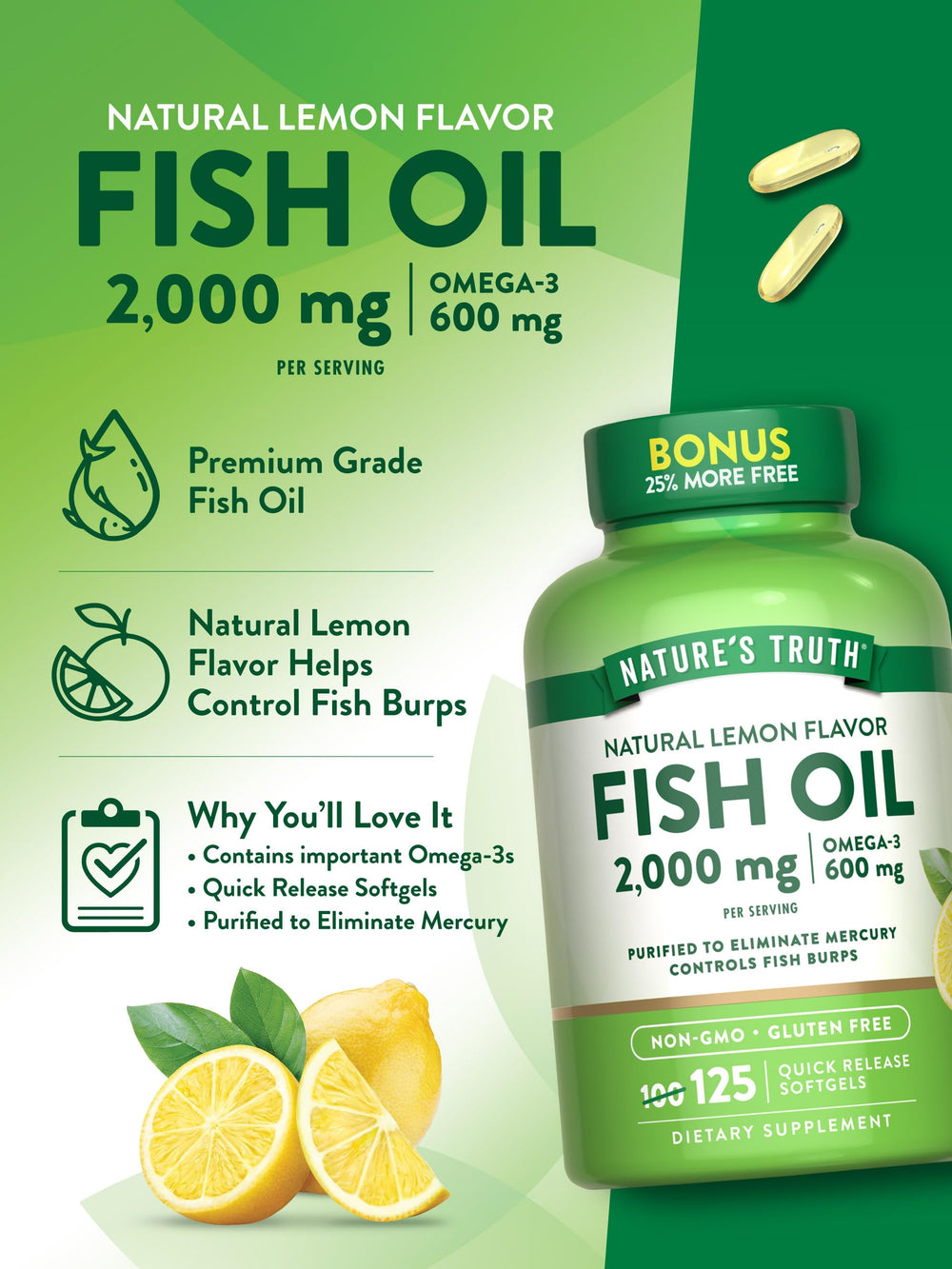 Non-GMO and gluten-free icons on Nature's Truth packaging for clean ingredients.