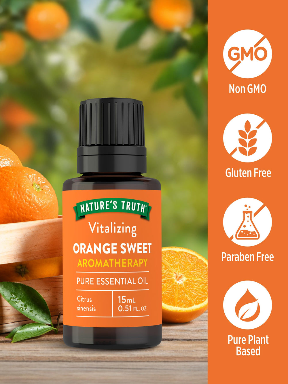 Nature's Truth Orange Sweet Essential Oil for shower or bath rituals with refreshing scent.